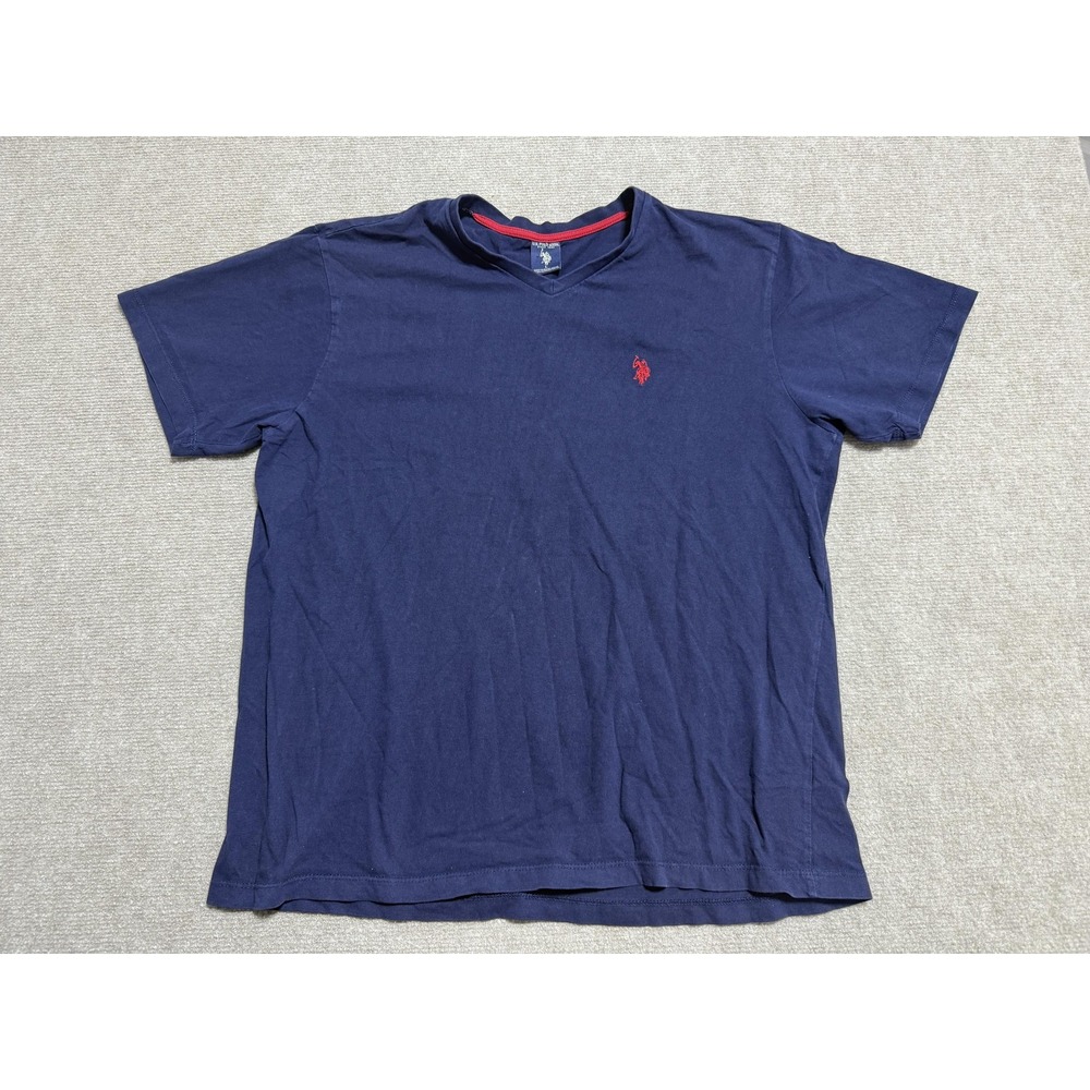 US Polo Assn Shirt Mens Large Navy Blue Red Embroidered Logo V Neck Tee Cotton‎